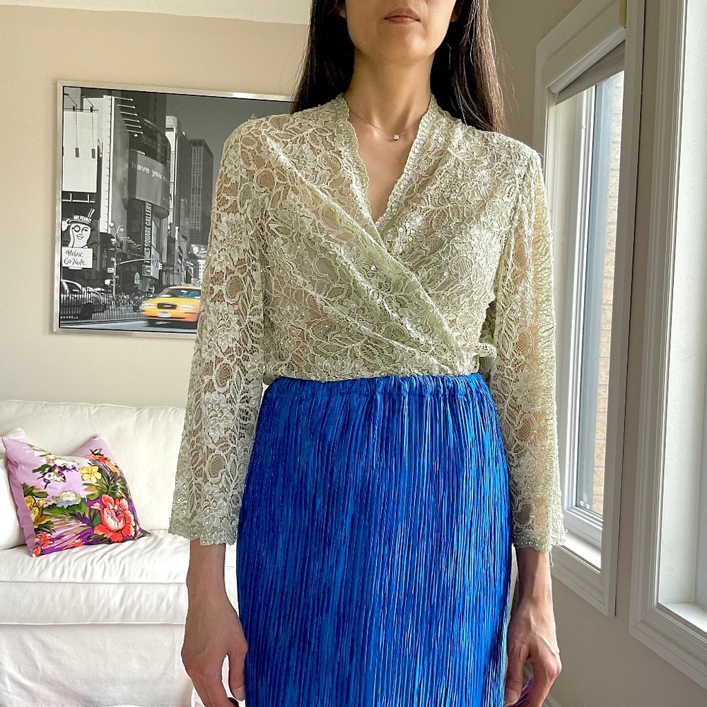 Vintage sage lace open front layering piece with placed sequins and beads
